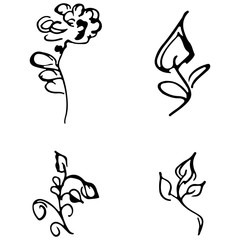 Flowers and branches hand drawn doodle collection isolated on white background. 4 floral graphic elements. Big  set. Outline collection
