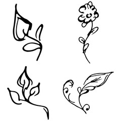 Naklejka premium Flowers and branches hand drawn doodle collection isolated on white background. 4 floral graphic elements. Big set. Outline collection