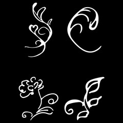 Flowers and branches hand drawn doodle collection isolated on black background. 4 floral graphic elements. Big  set. Outline collection
