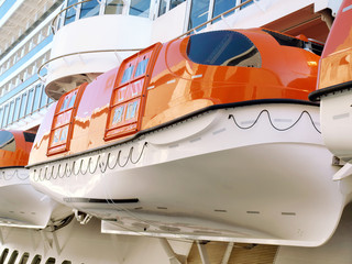 Closeup of lifeboats on a Cruise Ship 