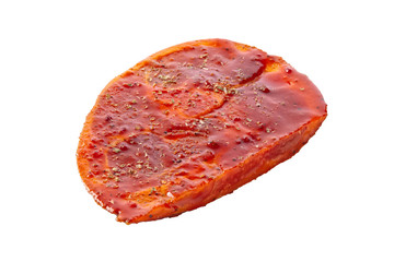 Raw piece of meat with spice and sauce prepered for barbecue. Gastronomy template isolated on white...