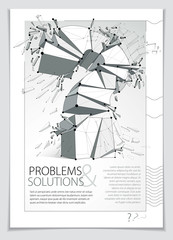 Broken Question Mark exploding brochure or flyer design, Query breaking to pieces, vector 3d realistic illustration. Special character conceptual symbol, doubt, difficulty, FAQ and support concept.