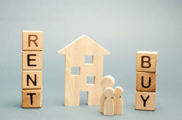 Wooden blocks with the word Rent or buy and a family stands near the house. Make the right...