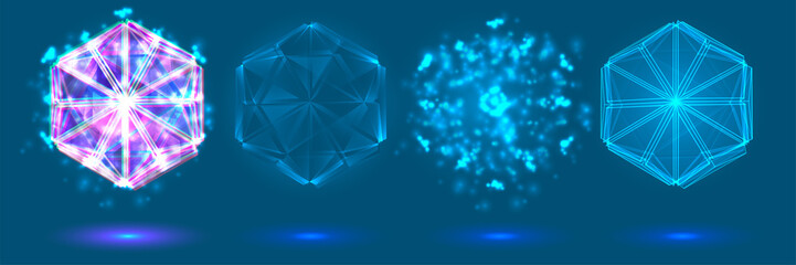 vector crystal. power and energy of the elements. blue, violet, neon glow.