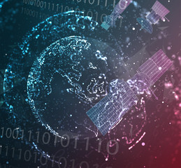 vector 3d background. communication satellite in a volumetric triangular style. abstract caotic particle explosion