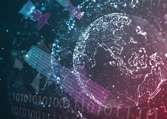 vector 3d background. communication satellite in a volumetric triangular style. abstract caotic particle explosion