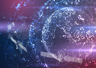 vector 3d background. communication satellite in a volumetric triangular style. abstract caotic particle explosion