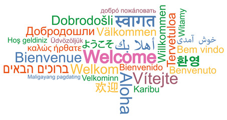 WELCOME word cloud in many different languages vector illustration