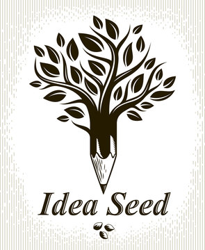 Beautiful tree with pencil combined into a symbol, Idea seed concept vector classic style logo or icon. Strong thoughts virus idea allegory.