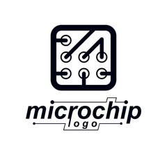 Vector technology cpu design with square microprocessor scheme. Computer circuit board, digital element. Technology microchip logo.