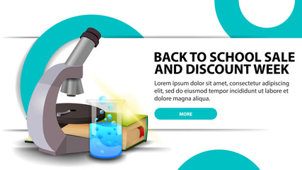 Back to school sale and discounts week, modern discount banner with fashionable design for your website with microscope, books and chemical flask