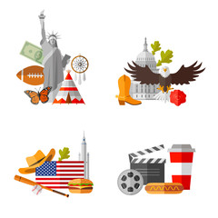 Travel to the USA. A set of ready-made cards with famous symbols of the country. Vector templates in flat style.