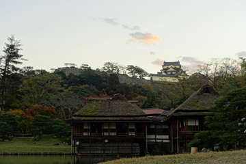 国宝彦根城と秋の玄宮園の夕暮れ時の様子です