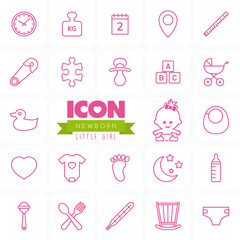 Newborn vector icon set. Little girl. Baby icon