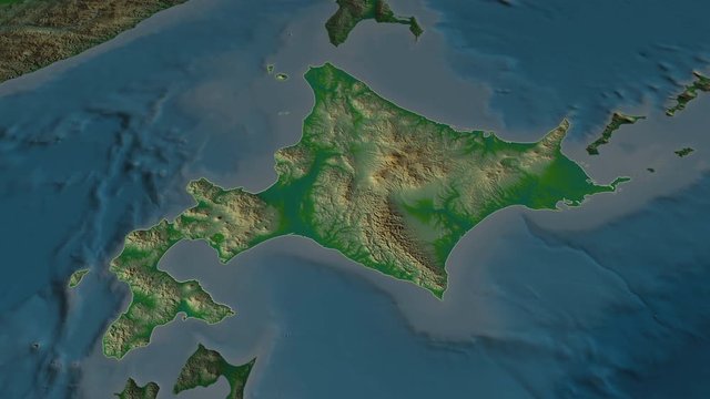 Hokkaido - circuit of Japan zoomed on the physical map of the globe. Animation 3D