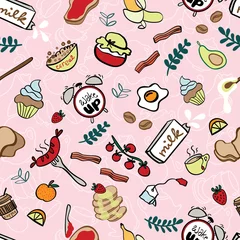 Poster Seamless pattern with hand drawn breakfast element on pink. Design for menu, banner, site header, wallpaper, wrapping, fabric, textile, scrapbook or packaging for cafe, restaurant or bakery shop. © Mo'i