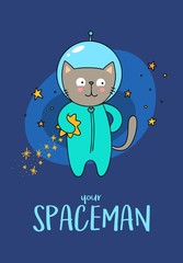 Cute flying Spaceman cat in the open space with stars. Vector flat cartoon illustration