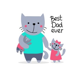 Father cat with little cute kitten daughter and son. Happy Father`s day flat vector greetings card