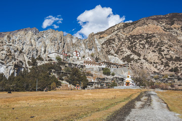 Monastery in Braka. Himalayan mountains. Annapurna circuit tre