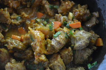 Cooking, tasty stewed meat of a cow with curry, onions and sliced carrots. Great food, healthy food, life and beauty.