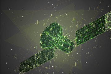 vector 3d background. communication satellite in a volumetric triangular style. abstract caotic particle explosion