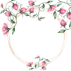 watercolor pink flowers, buds and leaves round frame on white background, isolated for use in design, cover, postcard
