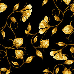 watercolor and pastel gold flowers and leaves in a vintage graphic pattern combined on a black seamless background, for use in design, textiles, wrapping paper, wallpaper