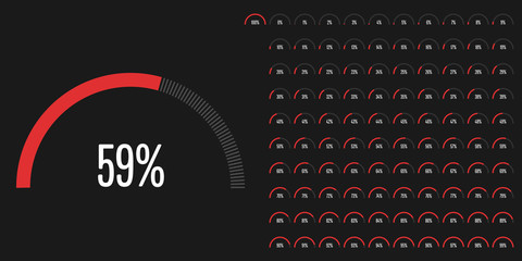 Fototapeta na wymiar Set of semicircle percentage diagrams (meters) from 0 to 100 ready-to-use for web design, user interface (UI) or infographic - indicator with red