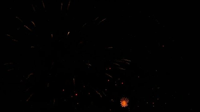 Fireworks fly in the sky.  Solemn firing of blank charges from artillery shells, the tradition of military parades. Multicolored firework explosions.