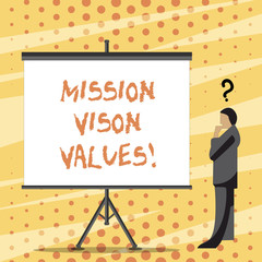 Text sign showing Mission Vison Values. Business photo text planning for future improvement Career Right decisions