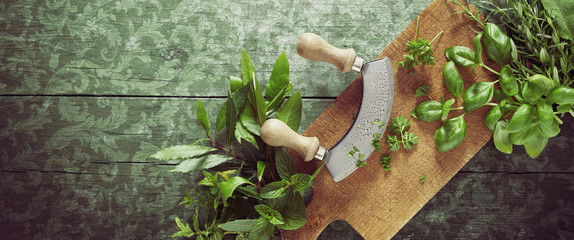 Rustic or vintage panorama with fresh herbs