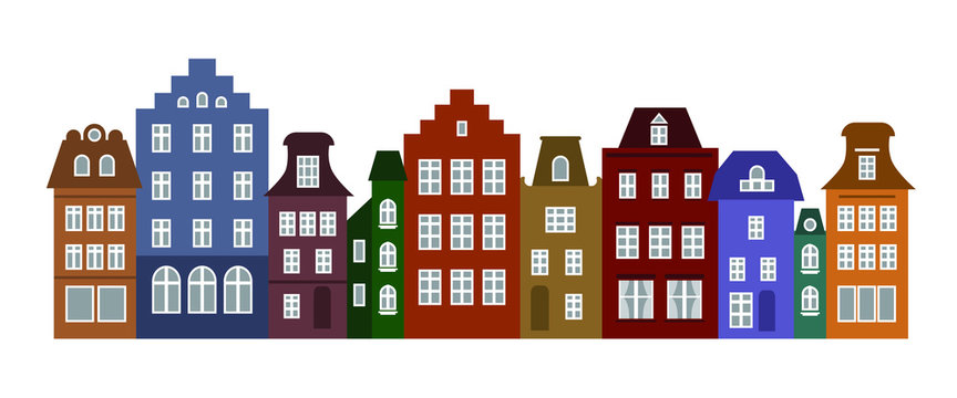 Set Of Amsterdam Style Colored Houses. Colorful Of Row Typical Dutch View At Netherlands. Stylized Facades Of Old Buildings. House Skyline Vector Template. Background For Card, Banner. Urban Landscape