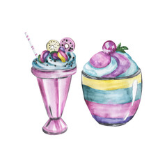 Set of watercolor, dessert sweets, ice cream and souffle cream illustrations, isolated objects on a white background