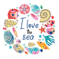 isolated frame with seashells and other sea plant - vector illustration, eps