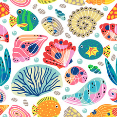 white seamless pattern with underwater sea life - vector illustration, eps