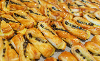 Sweet desserts, pastries on the table during the event. Catering servicing of guests and participants during mass events.