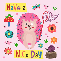 poster nice day with a colorful hedgehog - vector illustration, eps