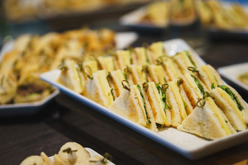 Canapes and light meals, tapas on the table in the restaurant.