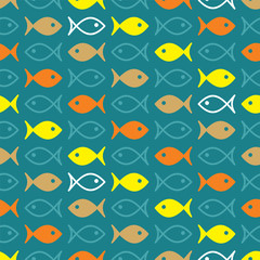 Vector illustration of fish icon on blue background. Seamless pattern for the design of printing and web products. Red white yellow and gold vector fish. Flat design.