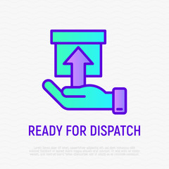 Ready for dispatch thin line icon: hand holding a parcel. Modern vector illustration for delivery service or pick up point.