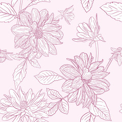 Floral seamless pattern with flower ink sketch. Dahlia. Fashion floral print for a banner, poster, fabric, notebook, invitation