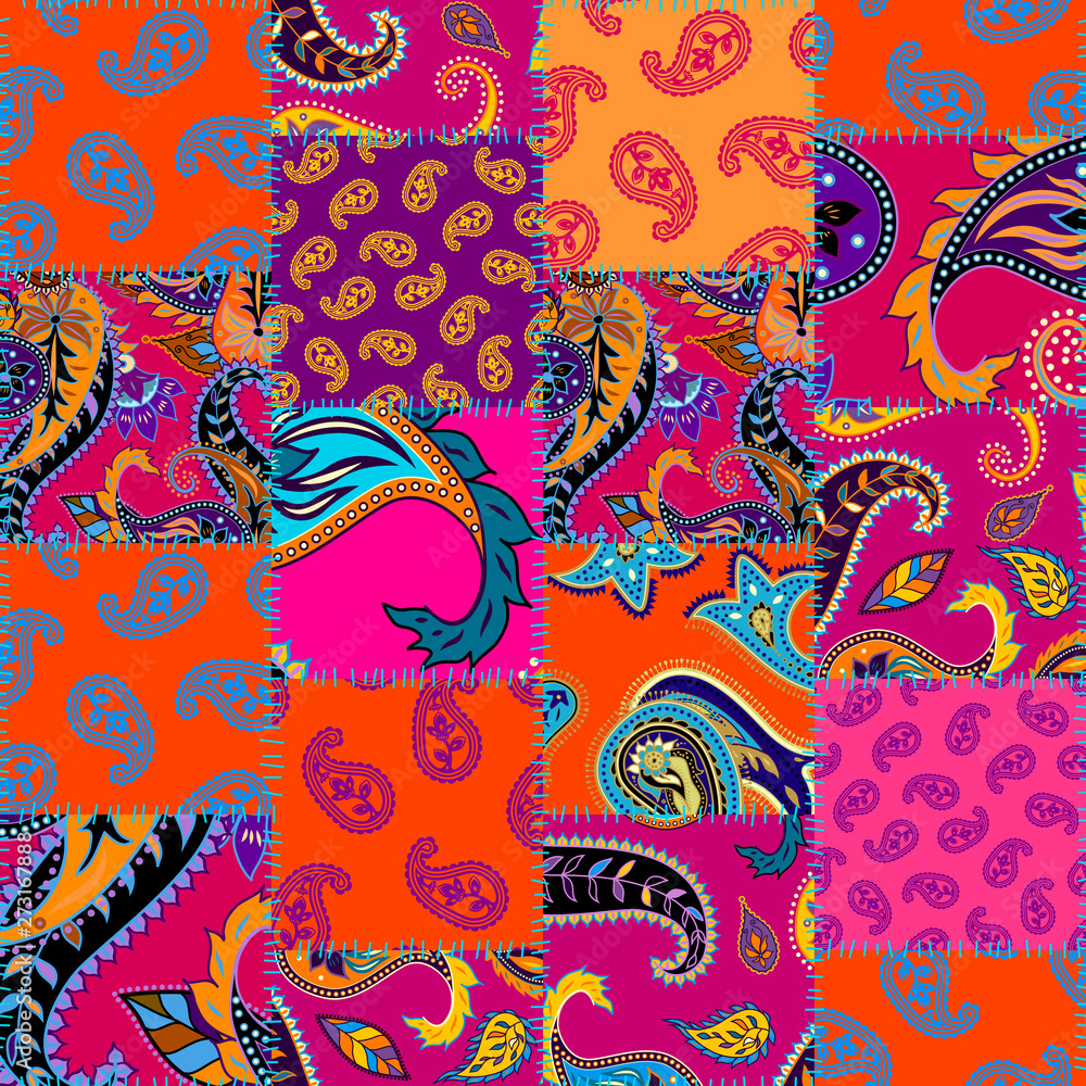 Poster seamless background pattern. patchwork pattern with paisley ornament patterns. bright magenta and or