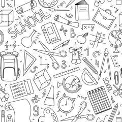 Back to school seamless pattern in doodle style. Hand drawn vector school supplies, stationery on white background.