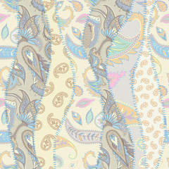 Seamless background pattern. Patchwork pattern with Paisley ornament patterns. Beige light colors. Ethnic indian style. Vector image.