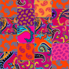 Seamless background pattern. Patchwork pattern with Paisley ornament patterns. Bright magenta and orange colors. Ethnic indian style.