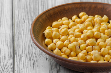 chickpeas raw in a clay plate after soaking