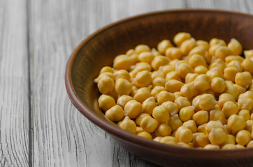 chickpeas raw in a clay plate after soaking