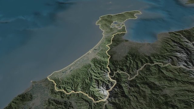 Ishikawa - prefecture of Japan zoomed on the satellite map of the globe. Animation 3D