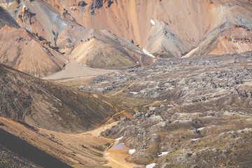 Landmannalaugar National Park - Iceland. Rainbow Mountains. Aerial view of beautiful colorful volcanic mountains. Summer time.