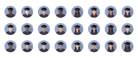 set of students boys and girls in a graduate cap of different races, nationalities and skin colors, color image in a circle, icon, sign, logo, isolated vector illustration